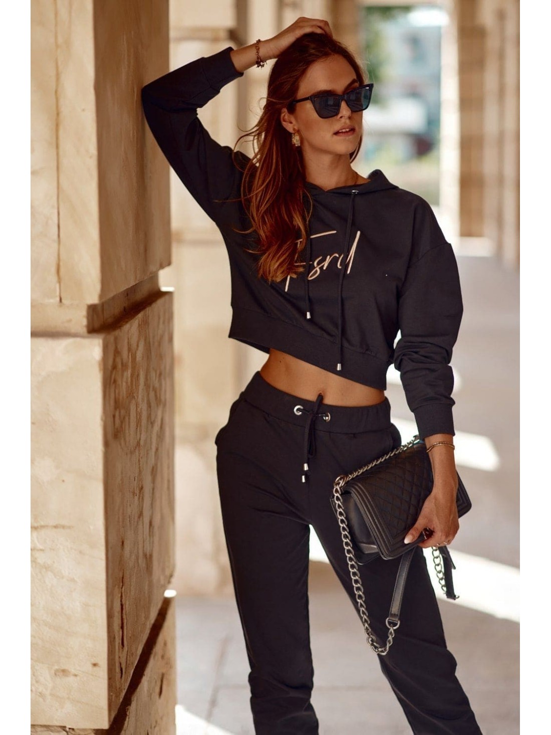 Women\'s tracksuit set with an inscription, black FI644 - Online store - Boutique